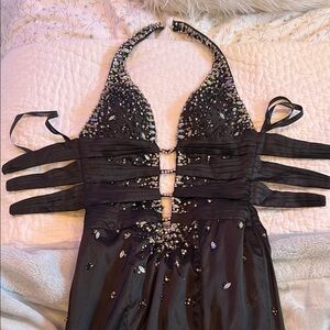 La femme Black Halter Dress with Rhinestones
